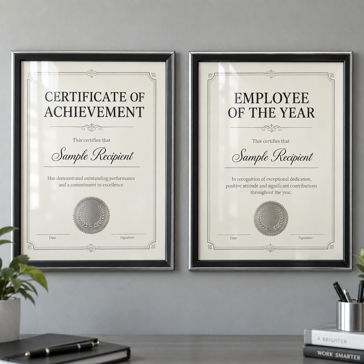 Framed achievement and employee-of-the-year certificates