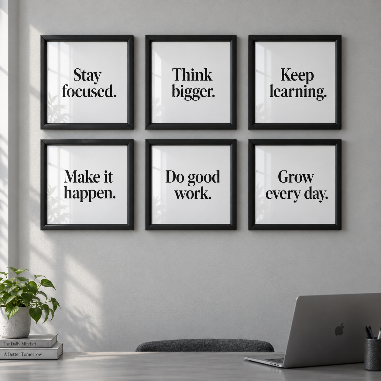 Six square black quote frames with meaningful words above an office desk